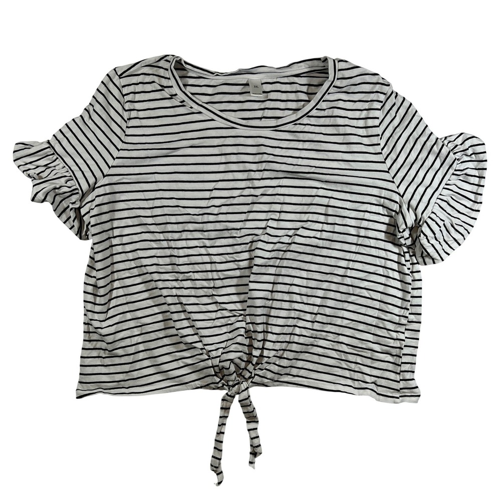 Blac White Striped Crop Top Tee 3XL Ruffle Sleeve Front Tie Casual Coastal